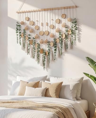 Tempospark Artificial Eucalyptus Wall Decor Hanging, Boho Bathroom Wall Decor, Fake Greenery Leaves Stems with Wicker Balls Tassels on 33.1" Stick, for Living Room, Bedroom, Kitchen, Home Office — view 5