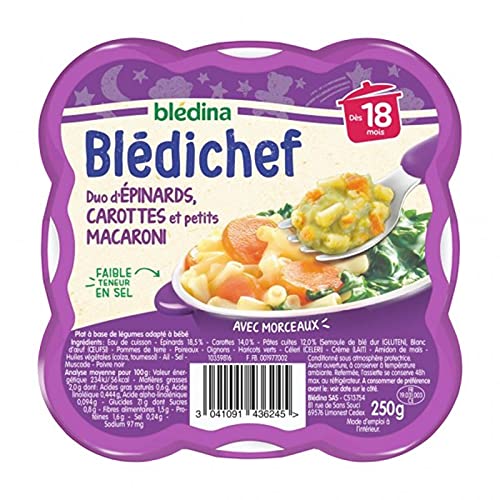 Blédina Blédichef Duo de Espinacas Zanahorias y Pequeños Macarrones 250 g (8 unidades) a partir de 18 meses