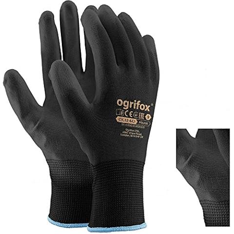 LTD Arbeitshandschuhe, PU-beschichtetes Nylon, Schwarz, 24 Paar Ideal für Gartenarbeit, Bauarbeiter, Mechaniker, runder Ajs Ltd® Sticker., schwarz Cover