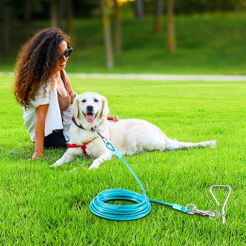Dog Tie Out Cable and Stake,30FT Outside Dog Run Cable Leash&Chain with Hand Strap for Camping and Yard, 16'' Heavy Duty Anti Rust Spiral Stake for Small-Large Dogs Up to 125lbs (Teal, 125lbs 30FT) - Image 3