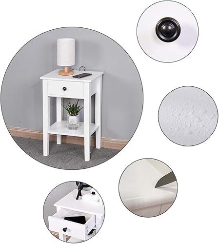 Miniatura 8 de SSLine Mesita de noche de madera blanca de 25.6 pulgadas de alto, con un cajón, mesa auxiliar con estante moderno para sofá, mesa auxiliar, mesa de