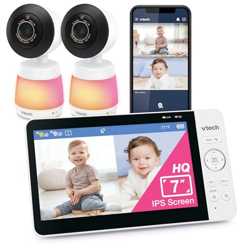Image of VTech 2-Cameras Smart WiFi Baby Monitor with 1080p FHD Video, Free App with Motion Video, Sound/Motion Detection and Notifications, 7" IPS Display with Split-Screen, Pan-Tilt-Zoom: Smart HQ Max Twin