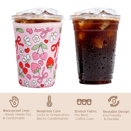 Image of Reusable Insulated Sleeve for Iced Coffee Cup, Coffee Neoprene Sleeve for Cold & Hot Drinks, Beverage Holder for Iced Coffee (Cherry Ribbons, Small: 16-18oz)