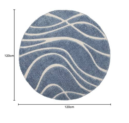 Image of Geometric Wave Round Shaggy Carpet for Living Room, Bedroom, High Low Design Finish Microfiber 1.8 Inch Pile High, 4x4 Feet Royal Blue|Ivory Color