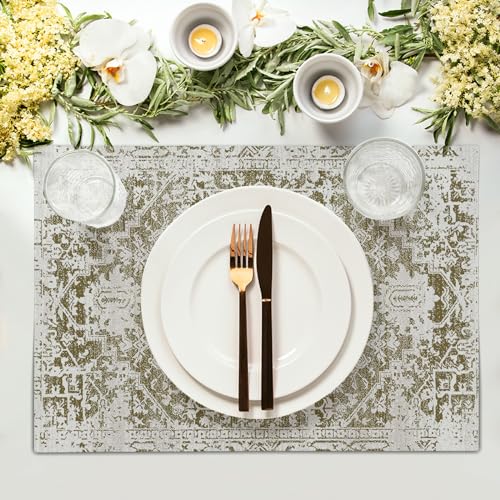 Image of Gray Olive Green Boho Placemats Set of 4 Ethnic Bohemian Carpet Place Mats Washable Kitchen Dining Vintage Grey Geography Floral Linen Table Mats Stain Heat-Resistant for Home Party Indoor 12x18 in