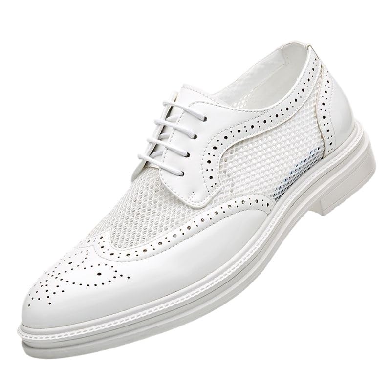 White Shoes Dress Oxford for Men Lace Up Pointed Toe Brogue Embossed Wing tip Patent Leather Breathable Hollow Shoes Slip Resistant Block Heel Anti-Slip Party