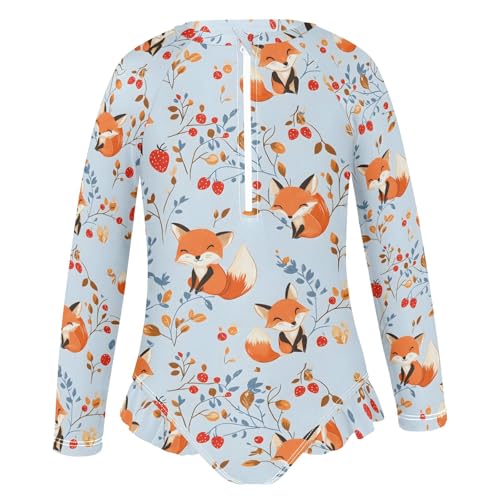Fox Leaf Fall Girls Long Sleeve Swimsuit Rash Guard One Piece Bathing Suits Zipper 3-12T2