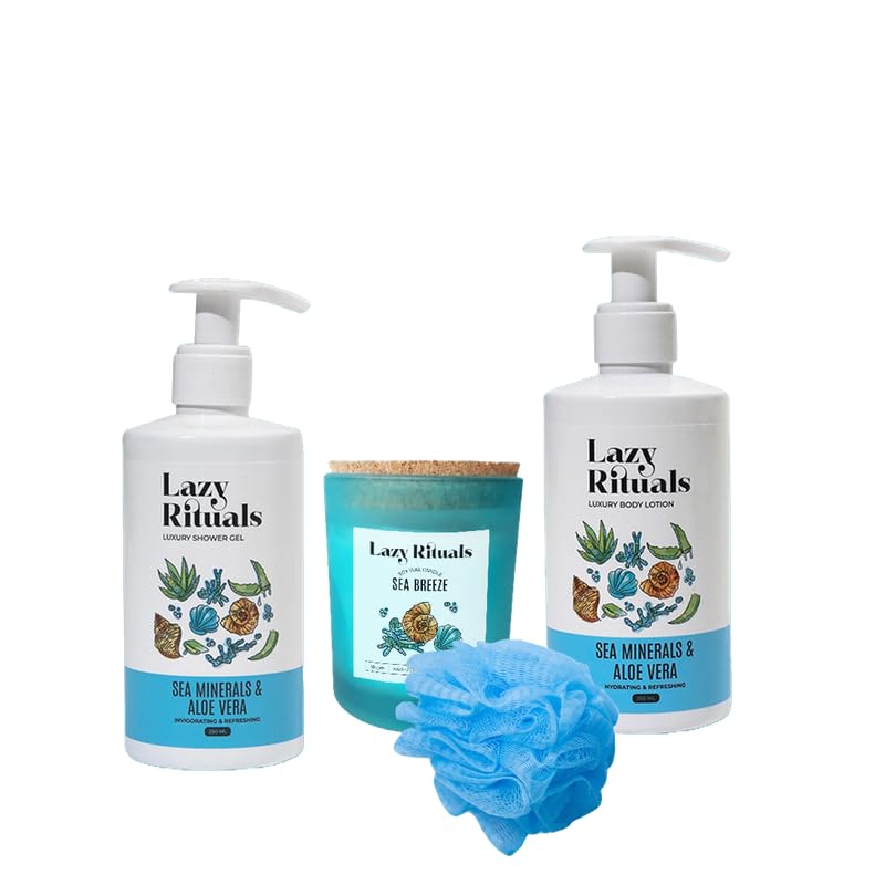 Sea Minerals & Aloe Vera Self Care Set | Shower Gel 250 ML, Nourishing Body Lotion 250 ML, Sea Breeze Candle 100 G, and Loofah for Refreshing Daily Skincare Routine-picture-20
