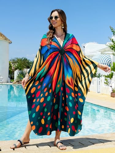 Image of IMAGEKOPE Women's Plus Size Animal Print V-Neck Batwing Kaftan Beach Dress Bathing Suit Cover-Up Loungewear