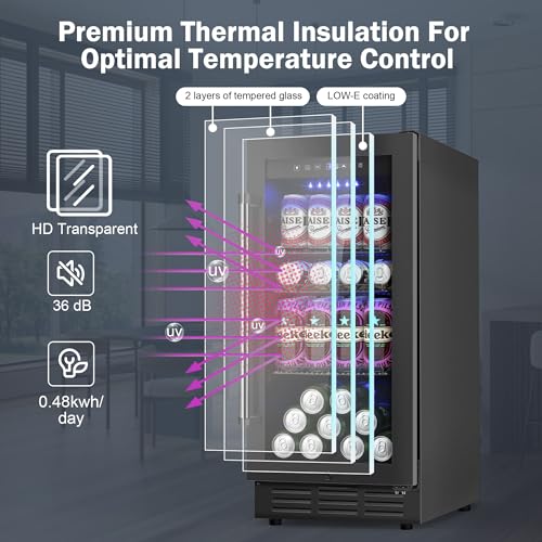 Beverage Refrigerator Cooler, 15 Inch 130 Cans Under Counter Refrigerator Beer Fridge with Glass Door, Adjustable Shelves and LED Light, Bulit-in Soda Fridge for Bedroom Office Bar