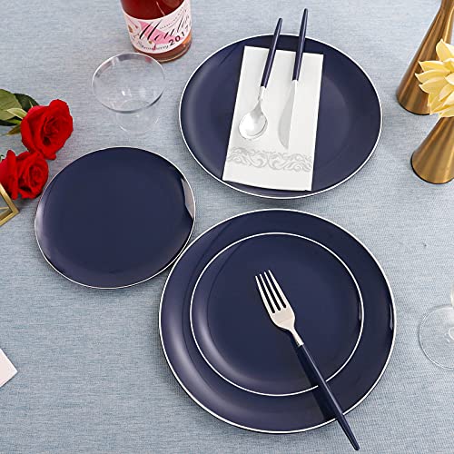 Kire 175Pcs Blue Plastic Plates With Silver Rim & Disposable Silver Plastic Silverware With Blue Handle & Silver Rim Cups & Hand Napkin- Blue Plastic Dinnerware For 4Th Of July #TOP3