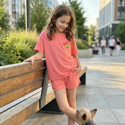 Image of SELINK Girls Travel Outfits Set Rainbow Striped Two Piece Lounge Sets Casual Sweat Tracksuit Matching Runner Shorts