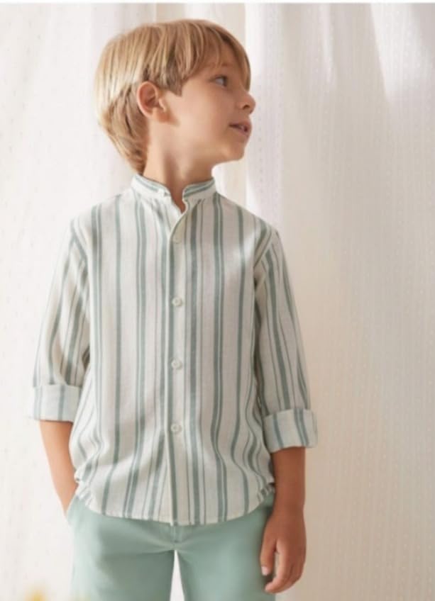 Image of A.T.U.N. (ALL THINGS UBER NICE) Boys 100% Cotton Band Collar Shirt | Soft Fabric with Button Front Style & Roll-Up Sleeves | Comfortable Casual Kids Shirt