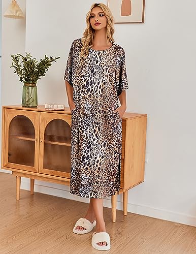 Image of Ekouaer Women's Nightgown Short Sleeve Sleepshirt Long Loungewear Casual Maxi Lounge Dress House Dresses with Pockets