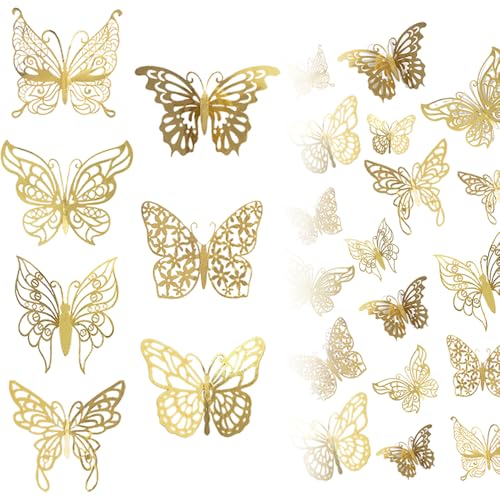 TRKETK 84 Piezas Decoración de Pared de Mariposa en 3D, 7 Estilos Pegatinas de 3 Tamaños, Decorativas Extraíbles Doradas Para Habitación
