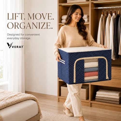 Image of VERAT 4 Pcs 66 Liters Foldable Steel Frame Cloth Organizer with Handle for Storage /Wardrobe Organizer with Zipper /Front & Top Open Almirah Organiser for Sarees /Shirts /Blankets /Clothes Bag- (Blue)