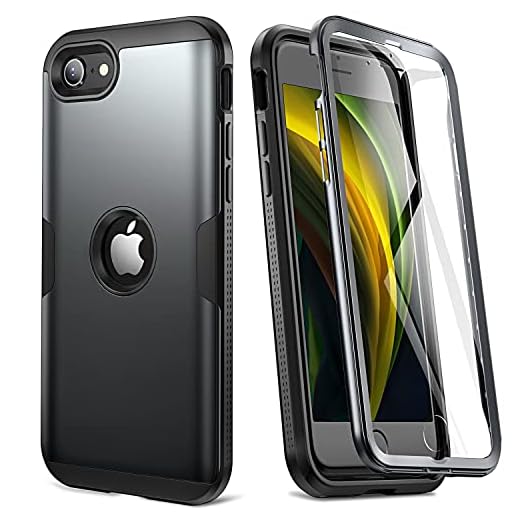 YOUMAKER Upgraded Design for iPhone SE 2020 Case, Full Body Rugged with Built-in Screen Protector Heavy Duty Protection Slim Fit Shockproof Cover for iPhone SE 2nd Generation 4.7 Inch - Black/BK