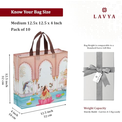 Image of Lavya Medium Size Pack of 10 Pcs Reusable Non-Woven Laminated Gift Bags |For Wedding Gifts, Shagun, Traditional Gifting, Mithai, Dry Fruits Carry Bag (Wedding Special Medium, M-12.5x12.5x4)
