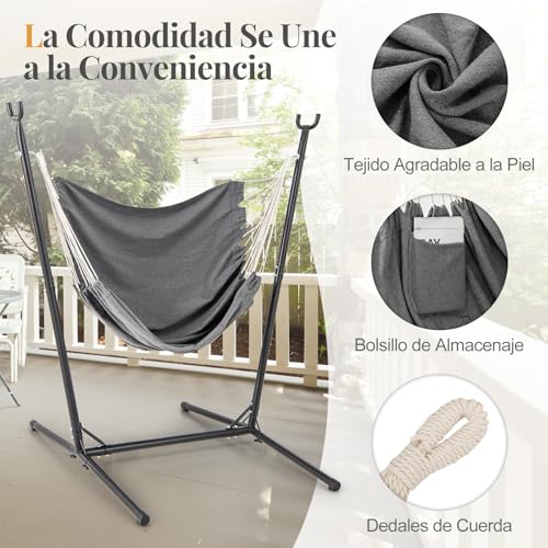 COSTWAY Hamaca con Soporte, Silla Colgante Exterior, Altura Ajustable 6 Posiciones y Bolsillo Lateral, Marco Metal, Silla Hamaca Salón Jardín Terraza Balcon Interior Exterior, 160 x 142 x 170 cm - imagen 4