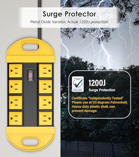 Image of CCCEI Outdoor Power Strip Weatherproof with 8 Plug, Waterproof Extension Cord with Multiple Outlets, Christmas Exterior Garden Yard Surge Protector 25FT, Yellow.