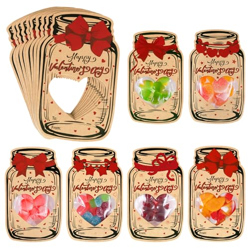 Valentines Day Cards for Kids - 60 Pack Mason Jar Candy Jar Valentines Cards with 6 Unique Designs, Valentine Exchange Cards for School Classroom Party Favors (Candy Not Included)