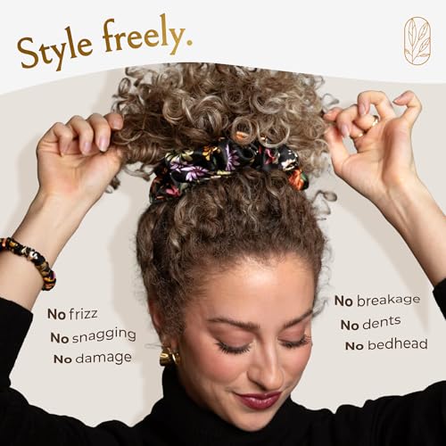 Image of Silk Scrunchies Ponytail Holders - Oversized Mulberry Silk Scrunchies - Extra Large No Damage Hair Ties for Curly, Thick, and Thin - Hair Accessories for Women - Midnight Blooms, XL By Curlfriend