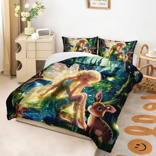 Image of AILONEN Butterfly Fairy Comforter Set, Princess and Elk Duvet Set, Full Size, Mysterious Forest Theme Bedding Set, 1 Quilt + 2 Pillow Case