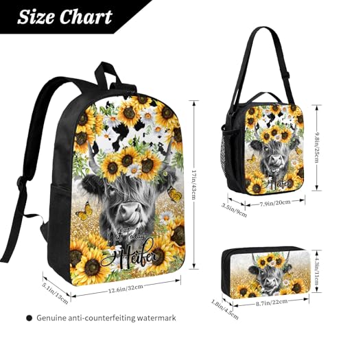 Girls Backpack for School, 3pcs Highland Cow Backpack for Girls Boys with Lunch box Pencil Case, Kids Cow Print Bookbag Teen Backpacks for Elementary Middle School Travel Back Pack 17″ Large Capacity2