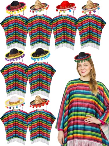 Tivi Tovo 18 Pcs Mexican Fiesta Costume Cinco De Mayo Outfit Serape Poncho and Sombrero for Carnival Day of The Dead Party(Classic 2)