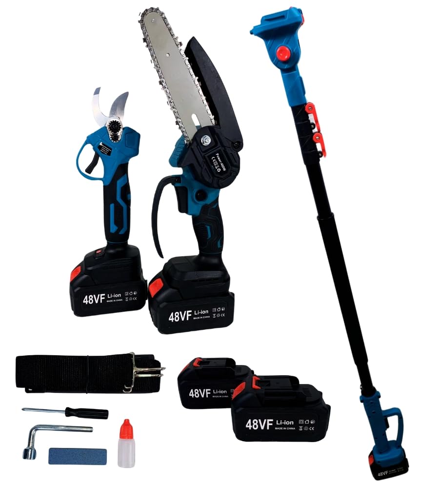 Kit Potatura, Forbici da Potatura + Mini Sega Elettrica con Asta Telescopica 250 cm con Snodo, Motosega Lama 6", Trancia Rami Professionale Cesoie Elettriche portatile, 2 Batterie da 21V