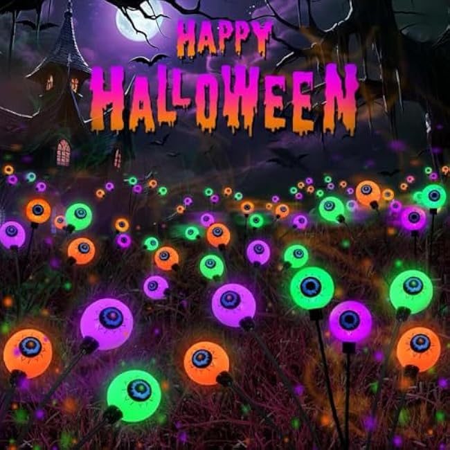 6 Pack Halloween Decorations Outdoor Solar Eyeball Lights, 36LEDs Purple Orange and Green Scary Eyeball Swaying Firefly Lights, Waterproof Halloween Pathway Lights for Yard Garden Party Decor