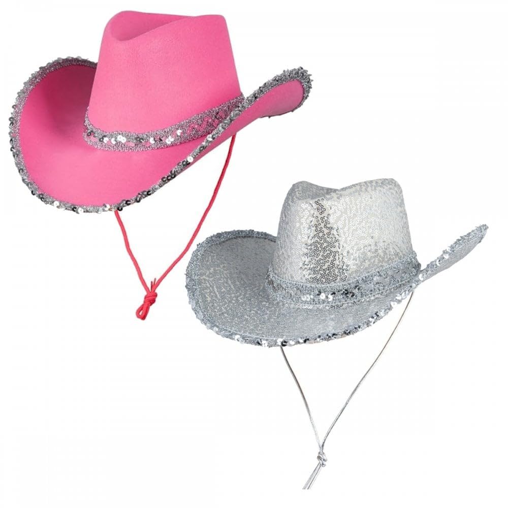 Titch & Timbo 2 Pack Cowgirl Hats (Multiple Options) : Adult Ladies Womens Western Wild West Hen Night Music Festival Barn Dance Rodeo Fancy Dress Cowboy Costume Accessories (Sequin, Hot Pink,Silver)