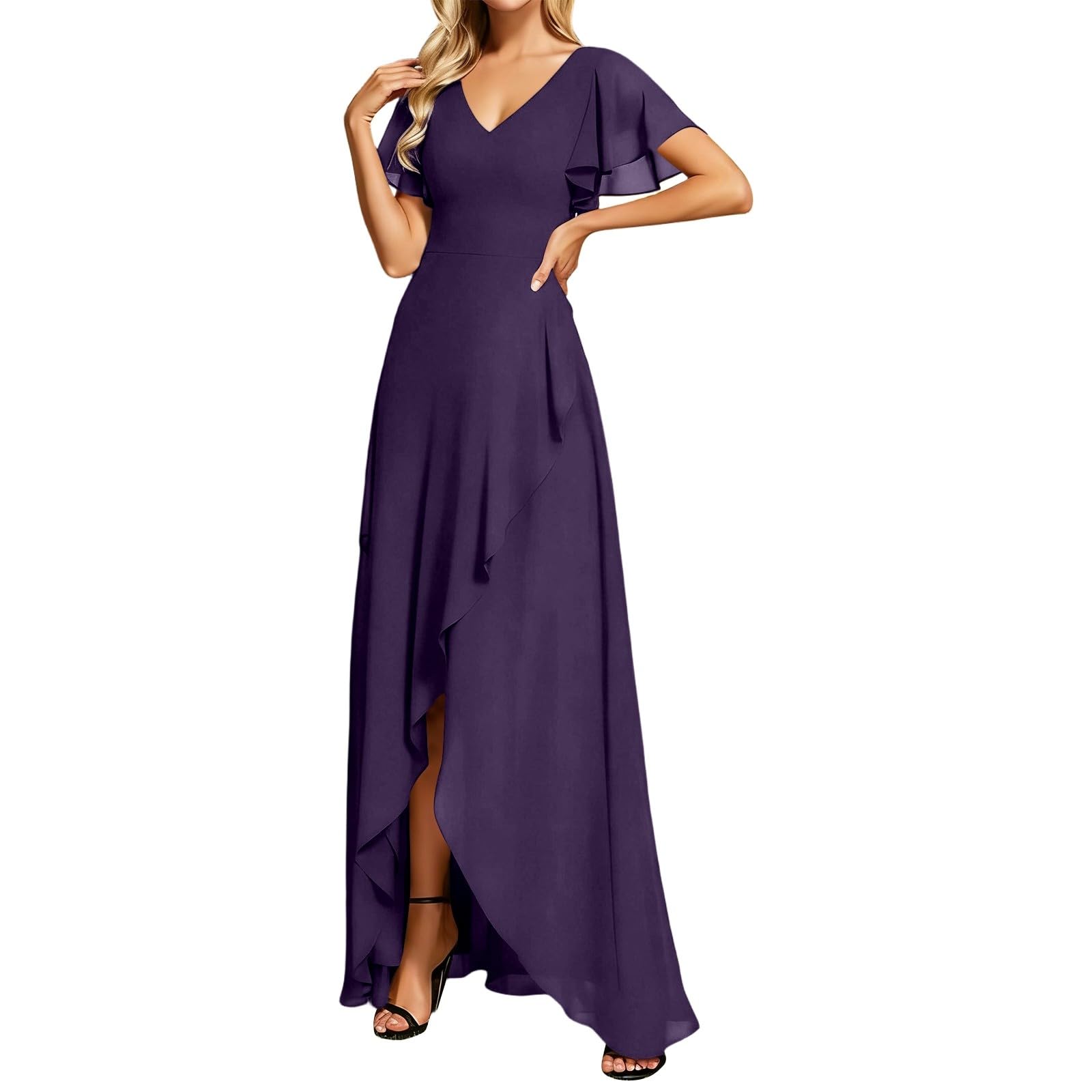 Abito da sera da donna, elegante, in chiffon, con doppio collo