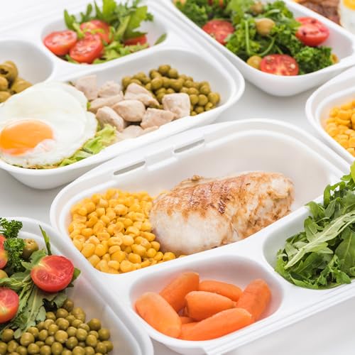 Image of Freshware Clamshell Food Containers with Lids [9x9 inch] 3-Compartment 50-Pack, Disposable To Go Containers, Biodegradable Sugarcane To Go Boxes - Paper Containers - Microwave & Freezer Safe, Stackable