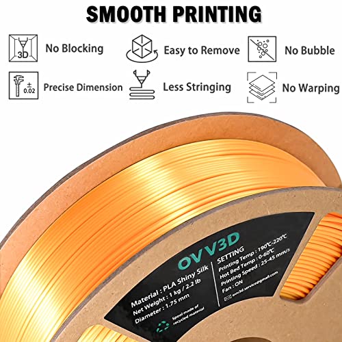 Image of OVV3D Silk PLA Filament 1.75mm, Upgrade Gold PLA Filament 3D Printer Filament, Silk Gold Metal 3D Printing Filament, 3D Filament 1.75 + /- 0.02mm, Silk 1.75 PLA Filament for 3D Printer and 3D Pen, 1kg