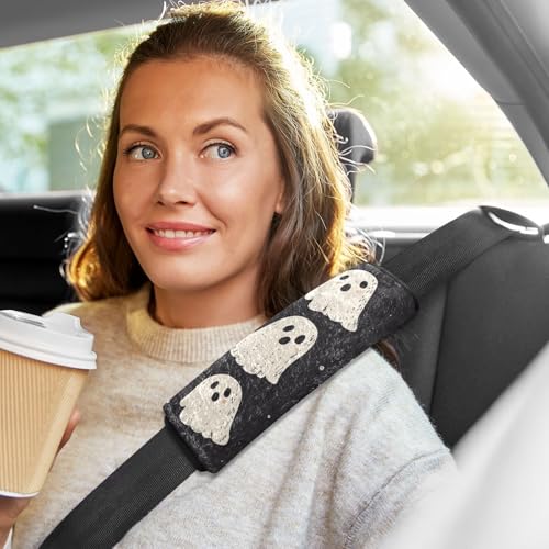 Image of Cute Halloween Ghost Black Seat Belt Cover Pad 2 Pcs Soft Cute Seatbelt Covers Protector Support Head Neck Shoulder Strap for Car Seats High Chair Backpack for Adults Kids Women Men 6.5x6.5In 2