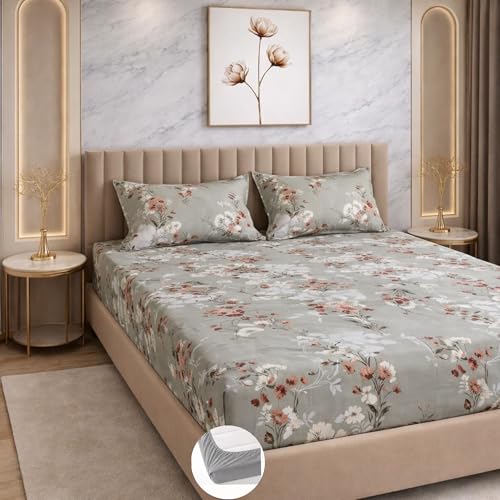 Image of THEA King Elastic Fitted Double Bedsheet Set| 180 TC Cloud Soft Cotton Touch| 1 King Elastic Double Bedsheet for King Size Bed (72 X 78 x 10 inches) with 2 Pillow Covers,Sage Whisper