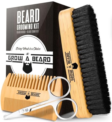 Beard Brush For Men & Beard Comb Set w/Mustache Scissors Grooming Kit, Natural Boar Bristle Brush, Dual Action Wood Comb, And Travel Bag Great For Christmas Gift