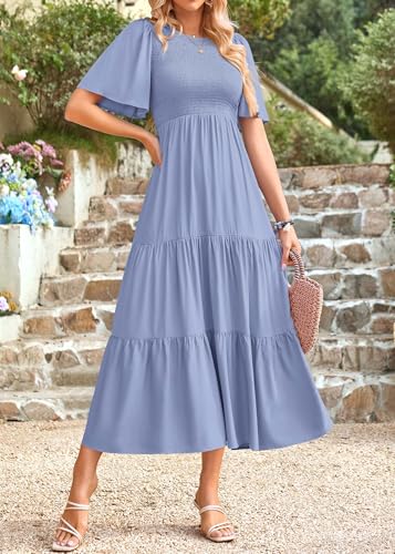 Image of KIRUNDO Summer Dresses for Women 2026 Spring Casual Flutter Short Sleeve Wedding Guest Smocked Flowy Tiered Aline Midi Dress