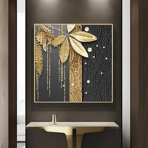 Peinture abstraite dorée et noire 65x65cm pour salon sans cadre