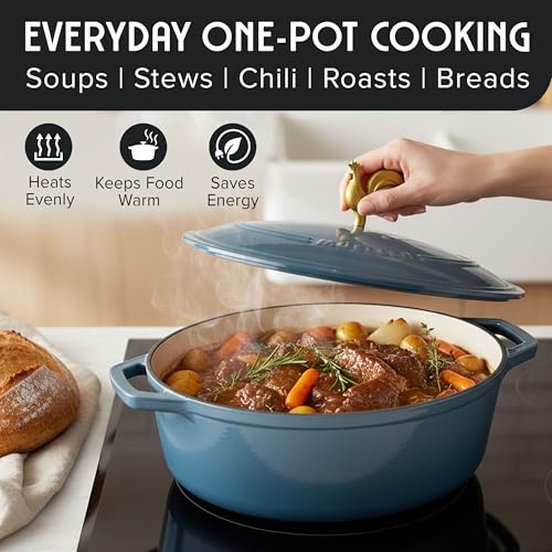 Image of MUELLER HOME 5.5 Quart Enameled Cast Iron Oval Dutch Oven w Rooster Knob & Cotton Potholders, Heavy-Duty Cookware, Oven-Safe up to 500 F & Across All Cooktops, Gifts for Grandma & Women, Mineral Blue