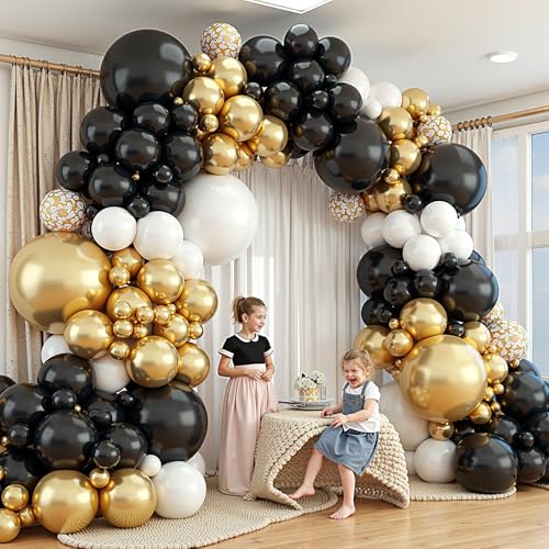 Image of 412Pcs Black and Gold Balloons,18 12 10 5 Inch Different Size Black White Metallic Gold Latex Balloons for Graduation Birthday Wedding Party Decorations