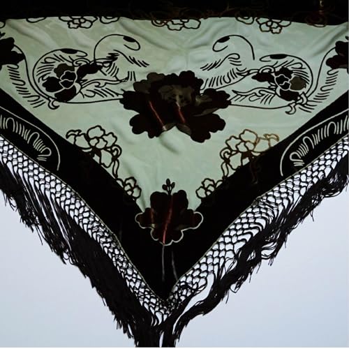 Silk Base Burn-out Velvet Triangle Scarf, with 8" Tassel on two sides, Flora pattern, Green and BrownColor2
