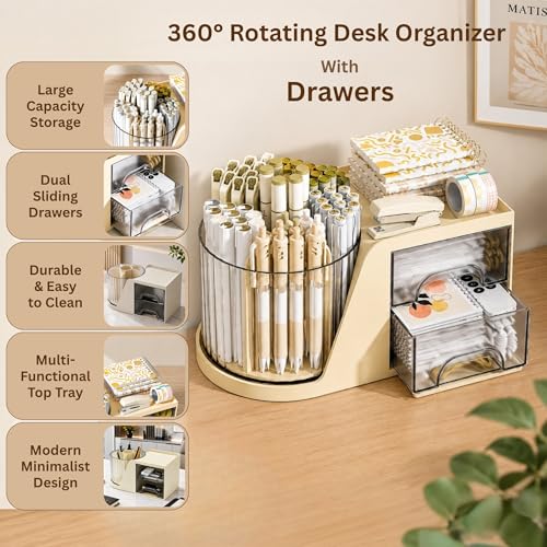 Image of KiZY Luxury 360 Rotating Makeup Brush Holder Organizer | Countertop Organizer Skincare Storage for Vanity, Desktop, Bathroom, Cosmetics | Lipstic, Eyeliners, Perfume Storage. (ROT CREAM)