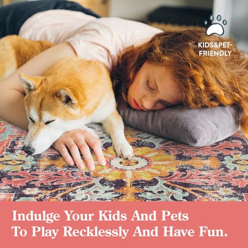 Lahome Bohemian Floral Medallion Round Rug - 4Ft Hot Pink Soft Round Area Rug Bedroom Kitchen Mat, Turkish Washable Indoor Floor Accent Bathroom Carpet for Nursery Living Room Home Office Hallway - Image 7