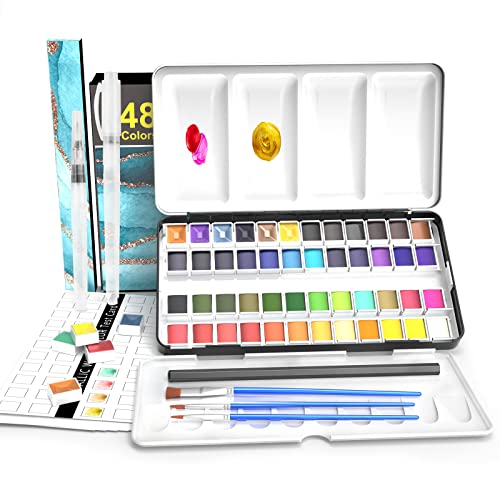 PINJAT Watercolor Paint Set, 48 Colors Watercolor Paints with Metallic Colors,Water Brushes,Hook Line Pens and Water Color Papers for Artists, Amateur Hobbyists , Painting Lovers.