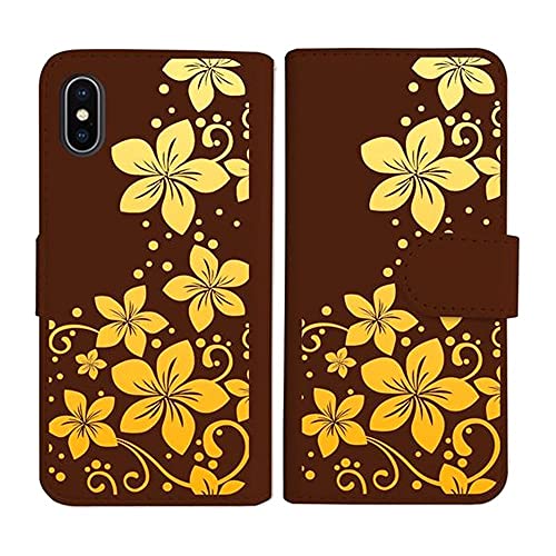 sslink iPhone17 Pro Max アイフォン17プロマックス 対応 手帳型 ブラウン ケース ハワイアンフラワー(イエローグラデーション) 花柄 ハイビスカス ダイアリータイプ 横開き カード収納 フリップ カバー