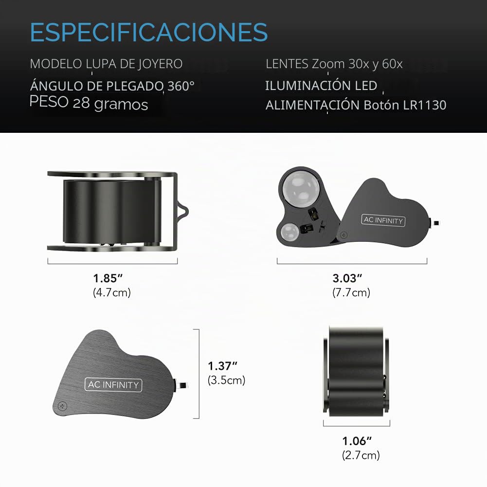 AC Infinity Jewelers Lupa, lupa de bolsillo con luz LED y lentes duales, zoom de 30 x 60 x para joyas, relojes, monedas, sellos, brotes de plantas