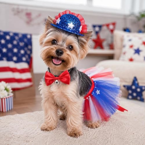 Disfraz patriótico para perro talla M con tutú y sombrero miniatura 3