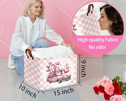 Image of Valentines Day Basket Large Foldable Heart Shaped Storage Box for Gifts Kids Empty Storage Bins Rectangular Toy Organizer Decor (Pink Gnome Car)